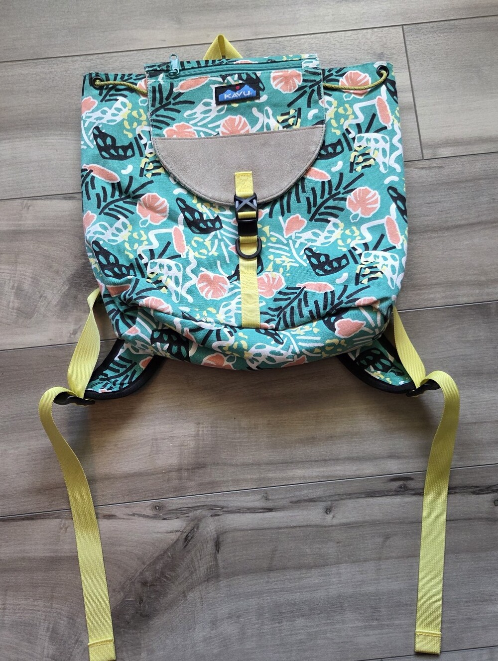 Kavu Teal Floral Backpack with Yellow Straps